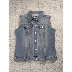 GAP Jacket Women Medium Blue Jean Denim Distressed Trucker Bikercore Sleeveless
